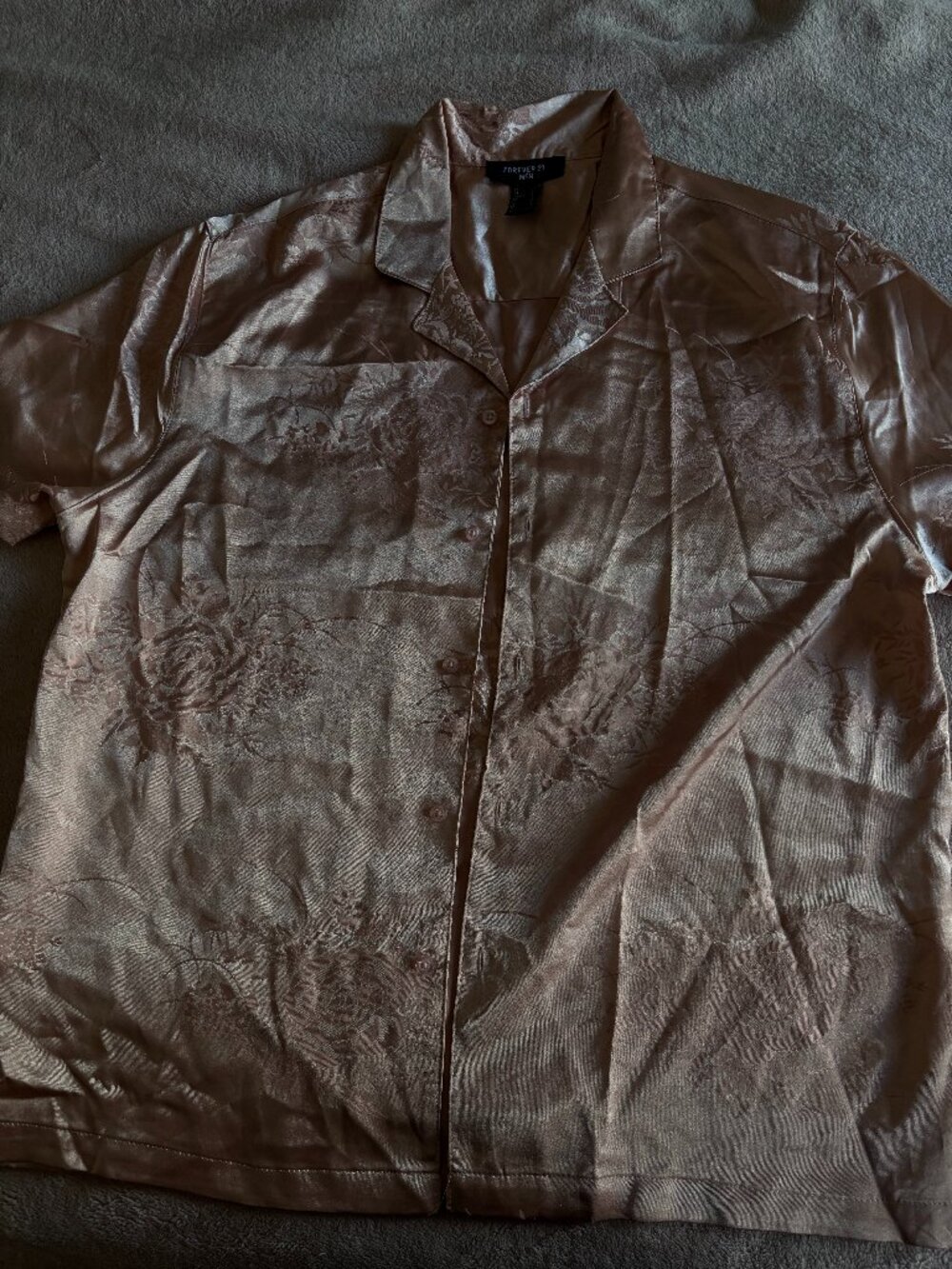 Forever 21 Men Pink Silk Floral Button-up Short Sleeve Shirt Size Large